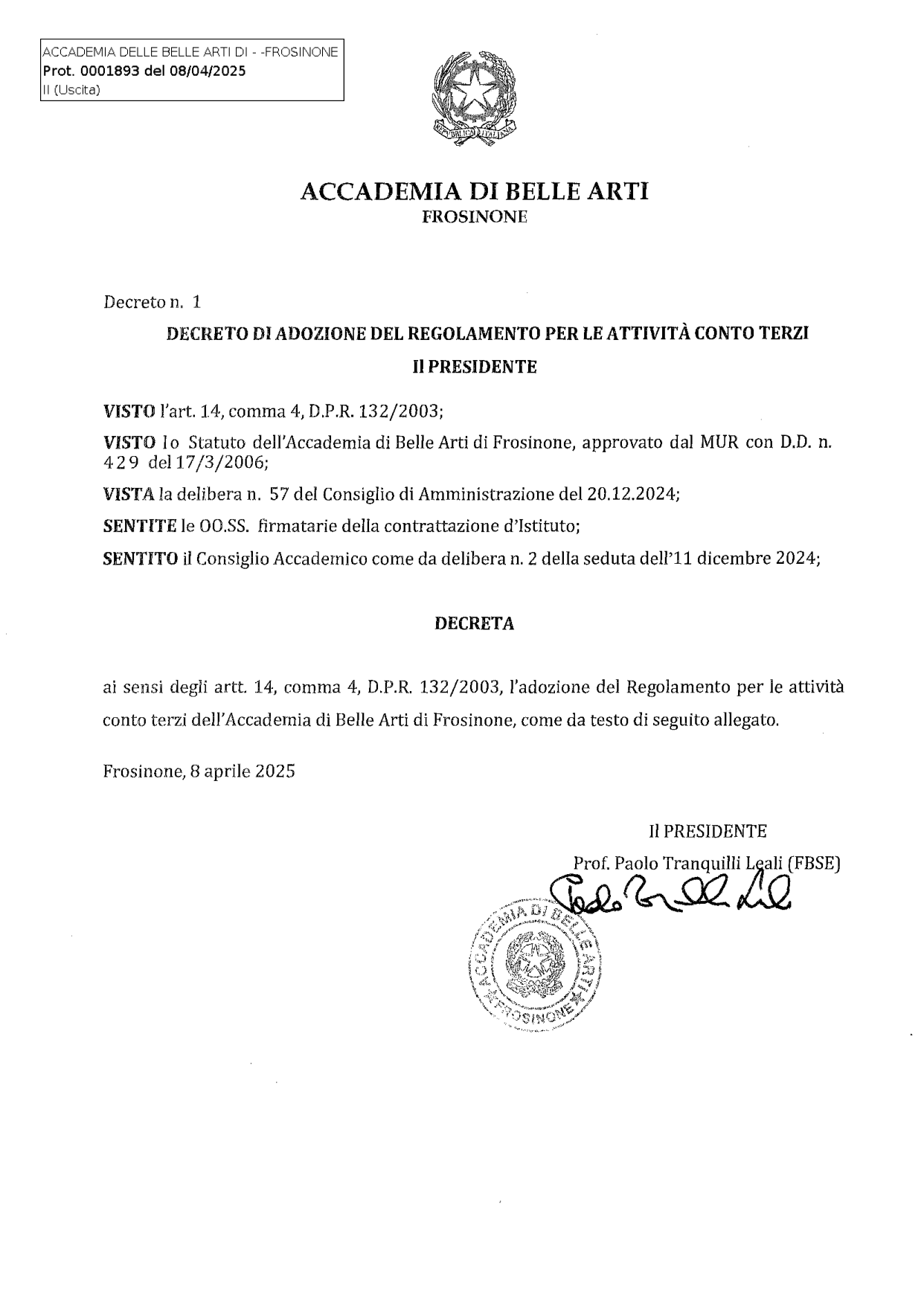 Anteprima di Regolamento Attività Conto Terzi