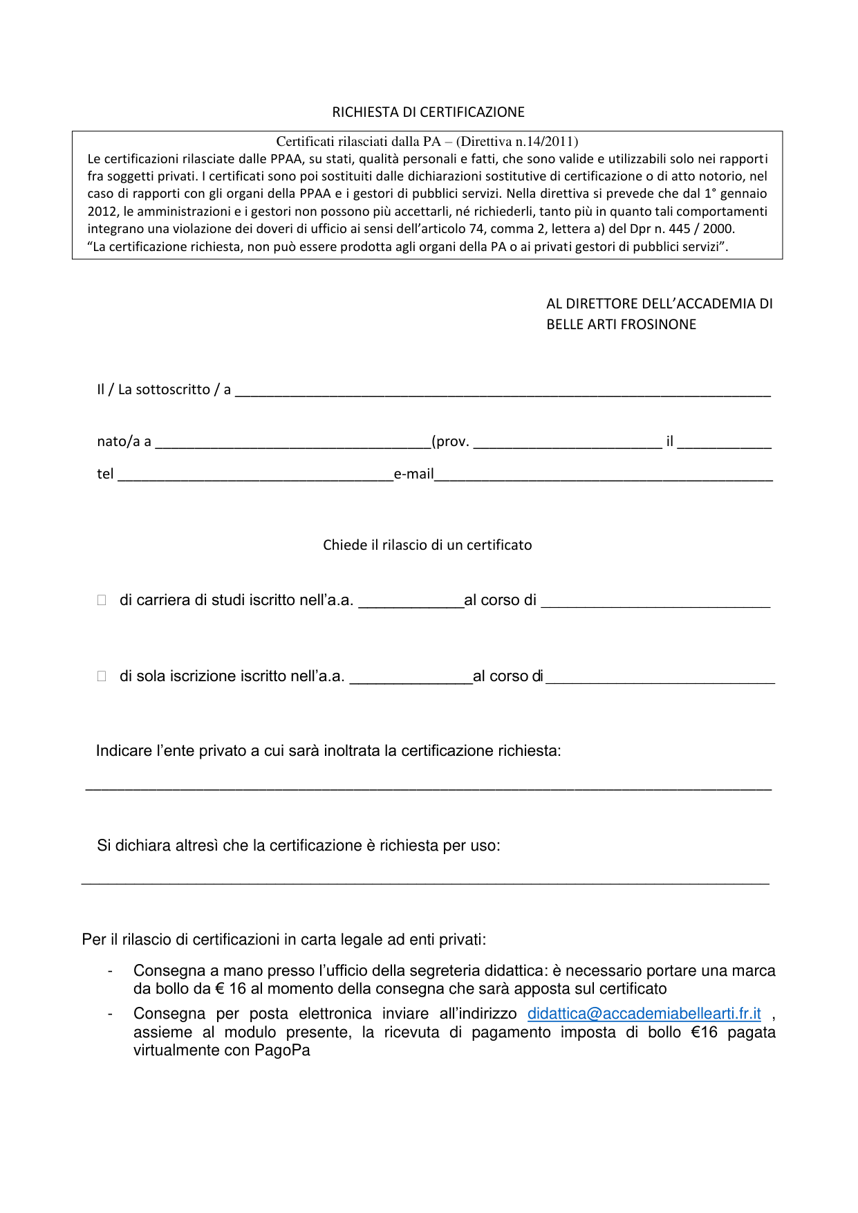 Anteprima di Richiesta Di Certificato Iscrizione E Di Carriera