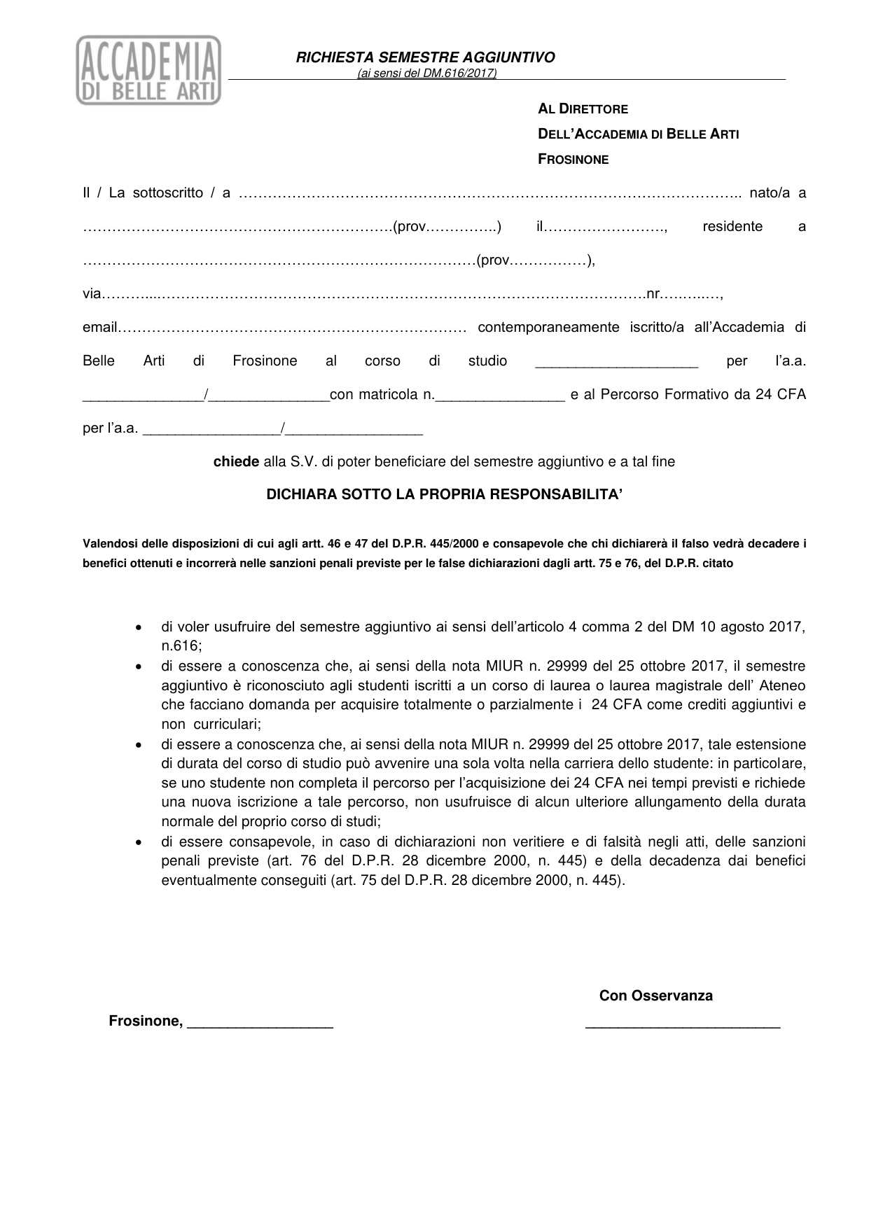 Anteprima di Richiesta Semestre Aggiuntivo