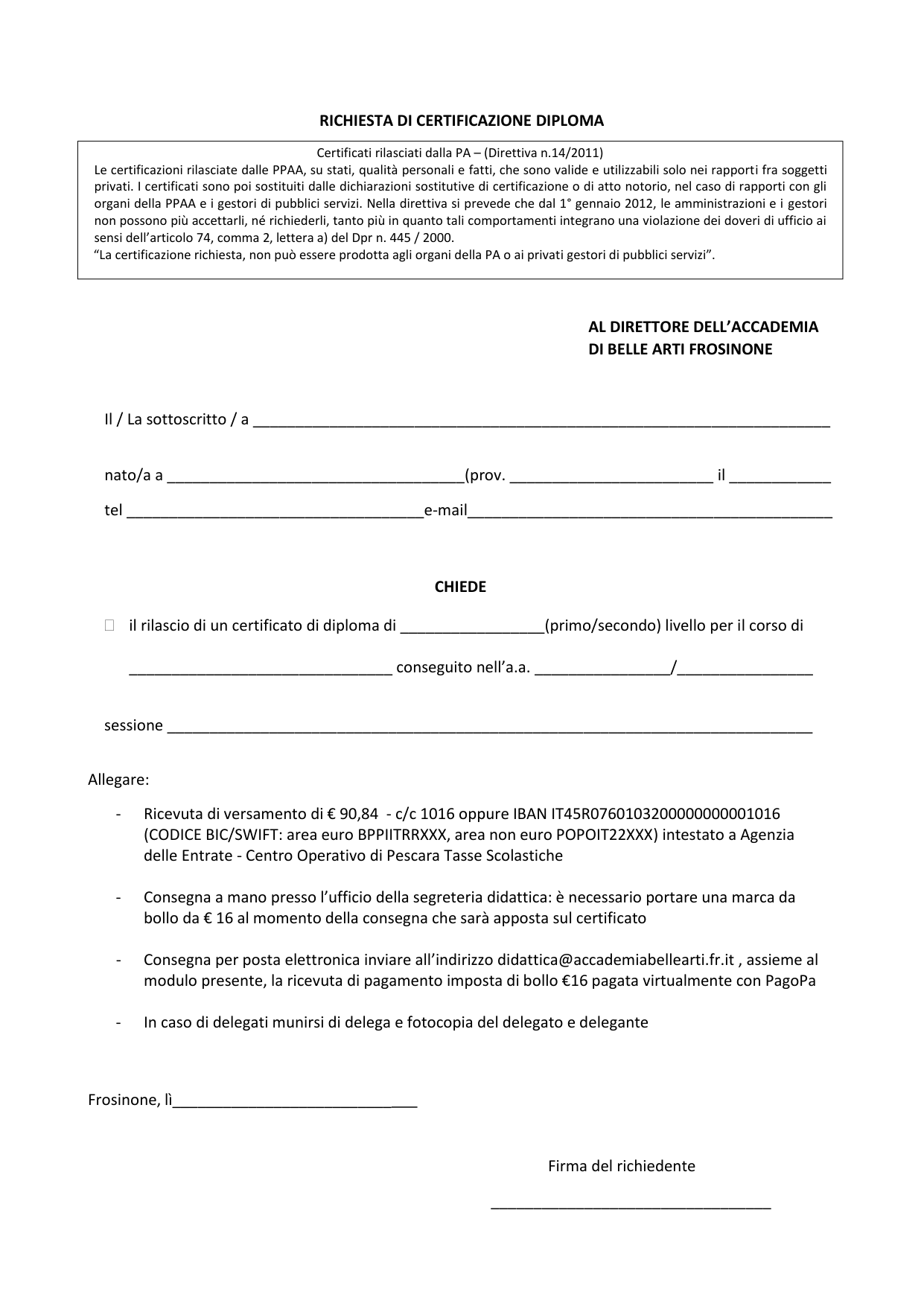 Anteprima di Richiesta Di Certificato Diploma