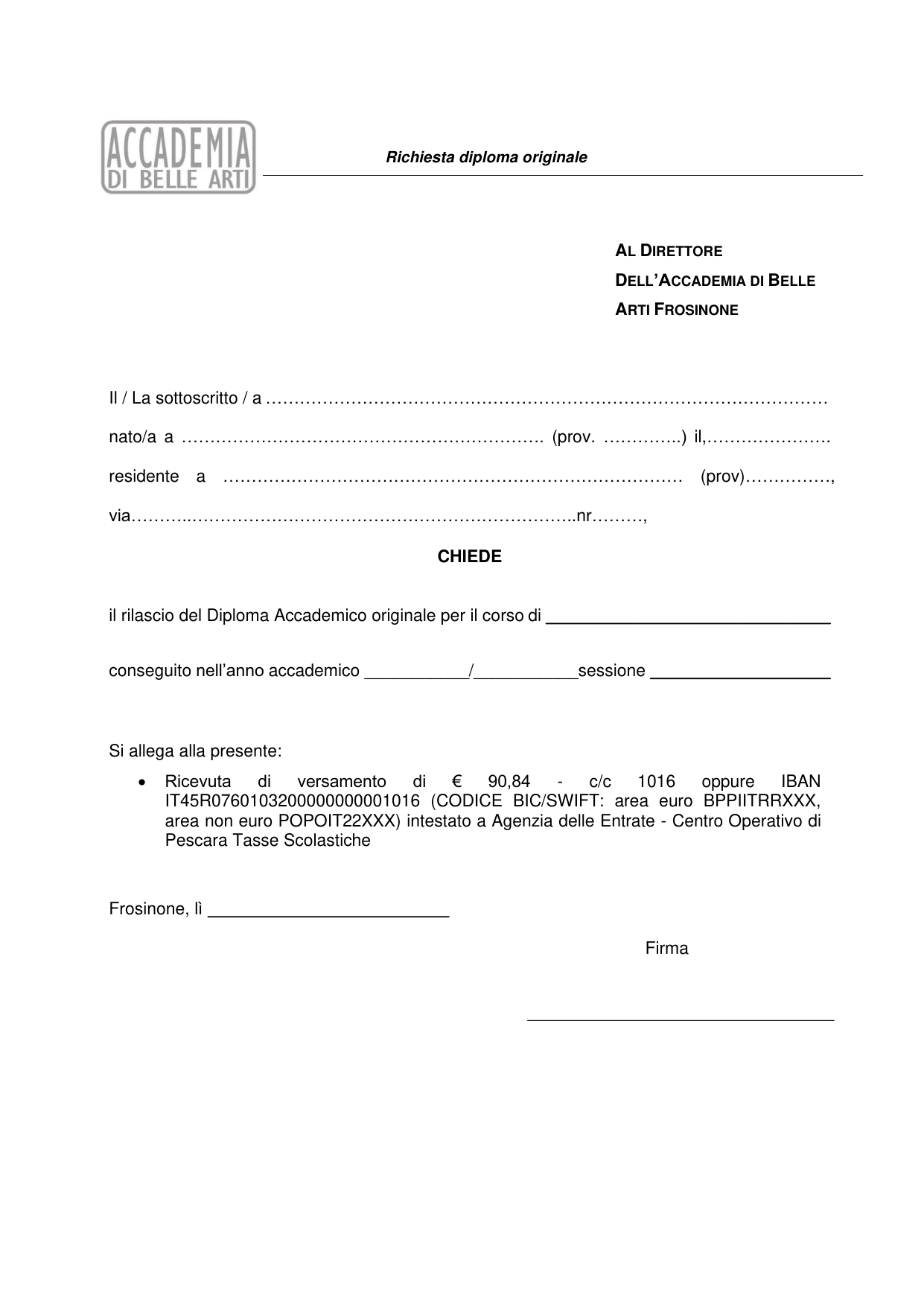 Anteprima di Richiesta Diploma Accademico Originale