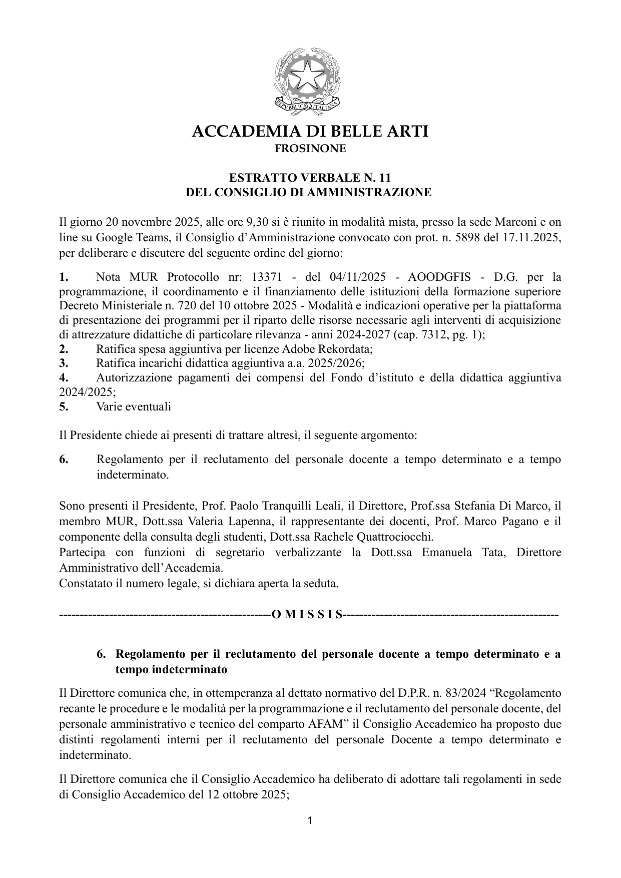 Anteprima di Regolamento Per Il Reclutamento Del Personale Docente A TD E A TI Estratto Verbale N.11 Cda Del 20 Novembre 2025