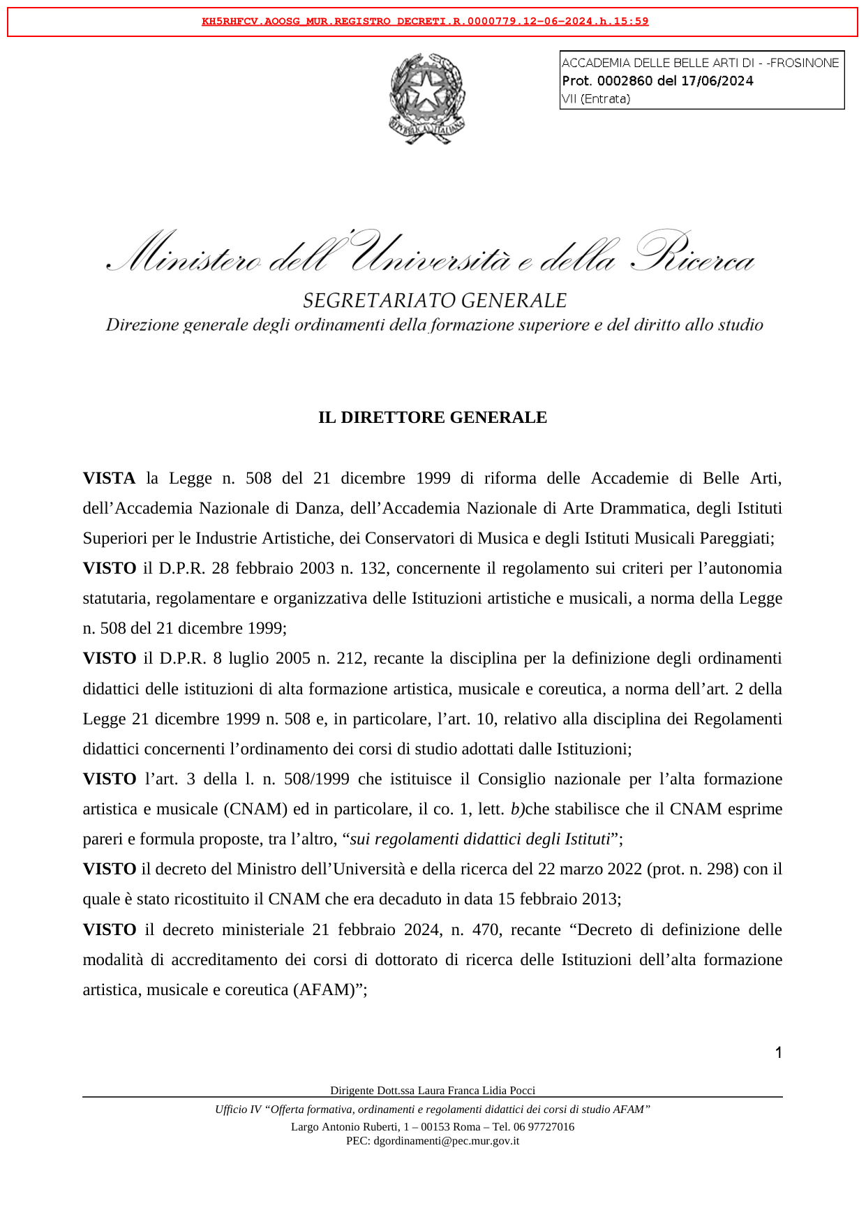 Anteprima di Decreto Ministeriale Di Approvazione Del Regolamento Didattico DDG Prot. N. 779 Del 12.06.24