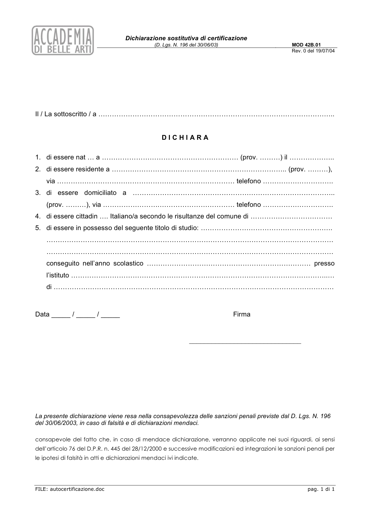 Anteprima di Dichiarazione Sostitutiva Di Certificazione Del Titolo Di Studio