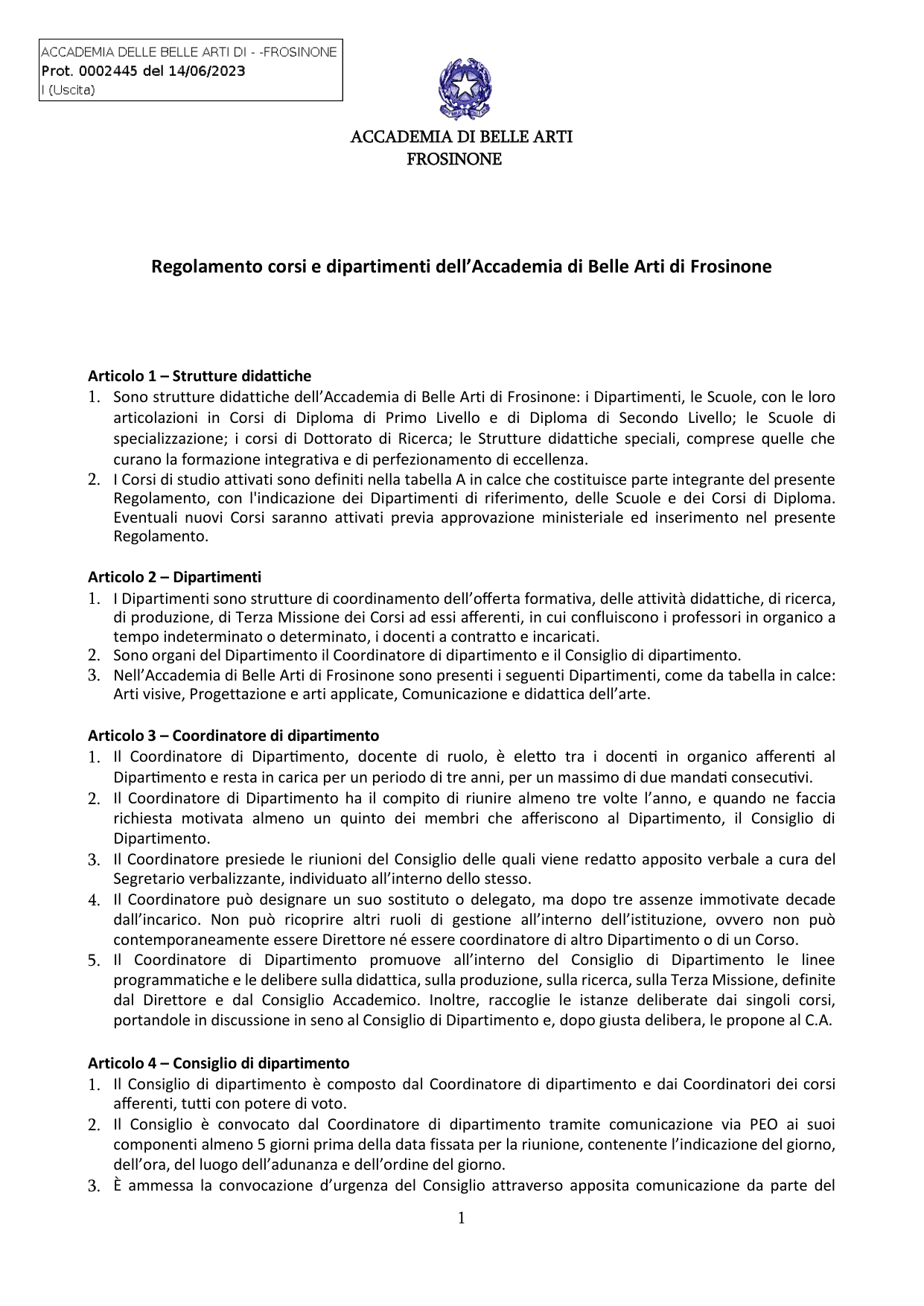 Anteprima di Regolamento Corsi E Dipartimenti