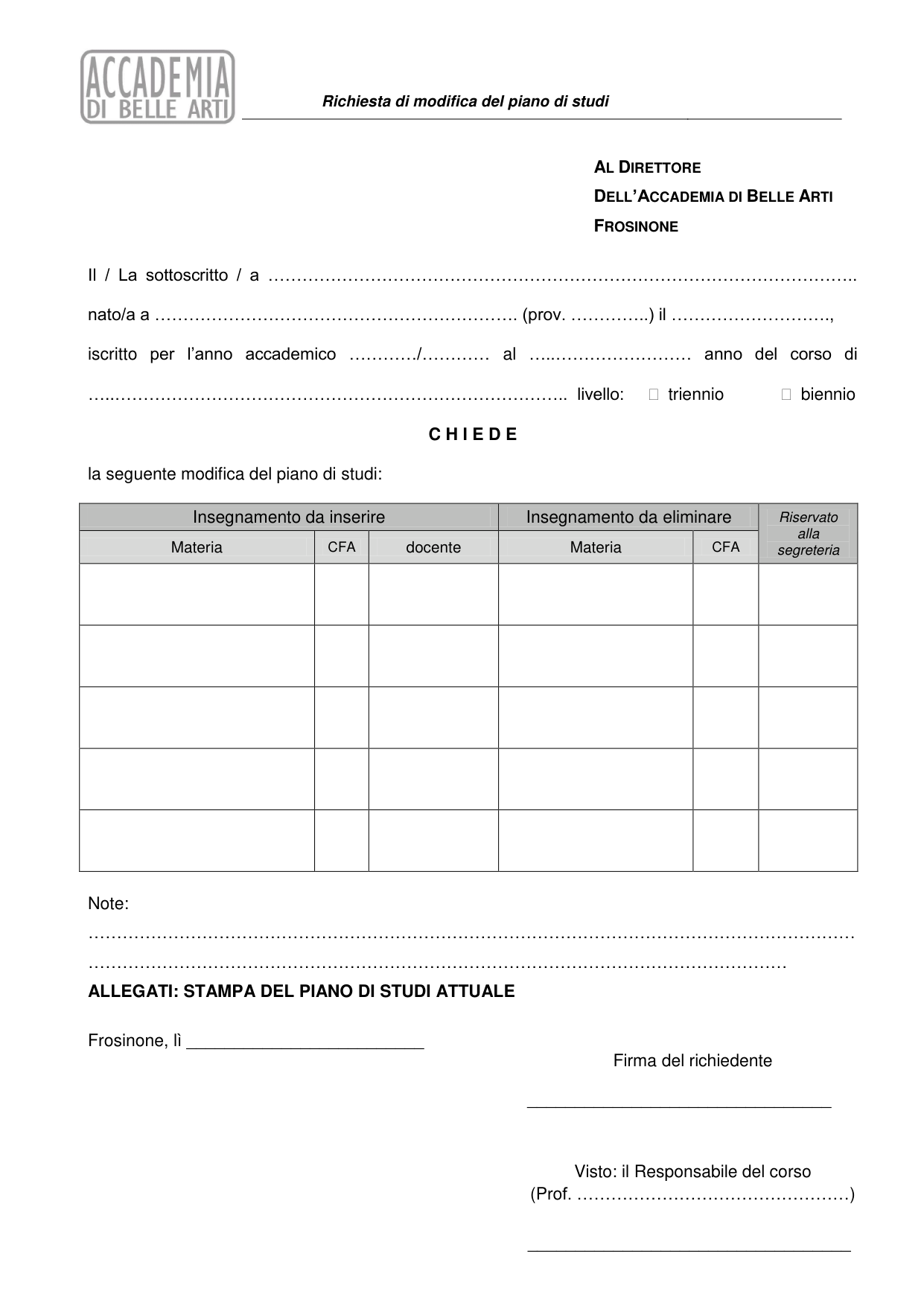 Anteprima di Richiesta Di Modifica Del Piano Di Studi