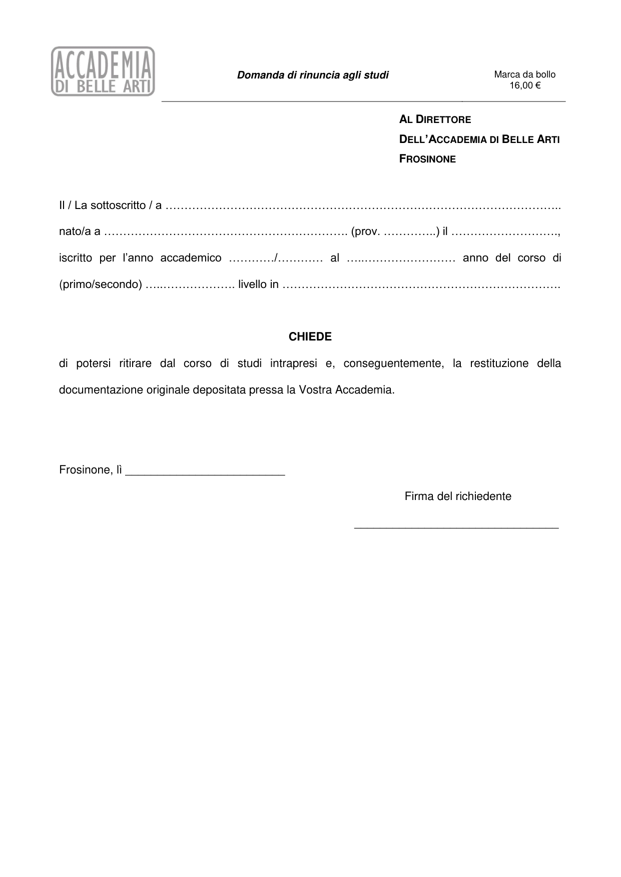 Anteprima di Domanda Di Rinuncia Agli Studi