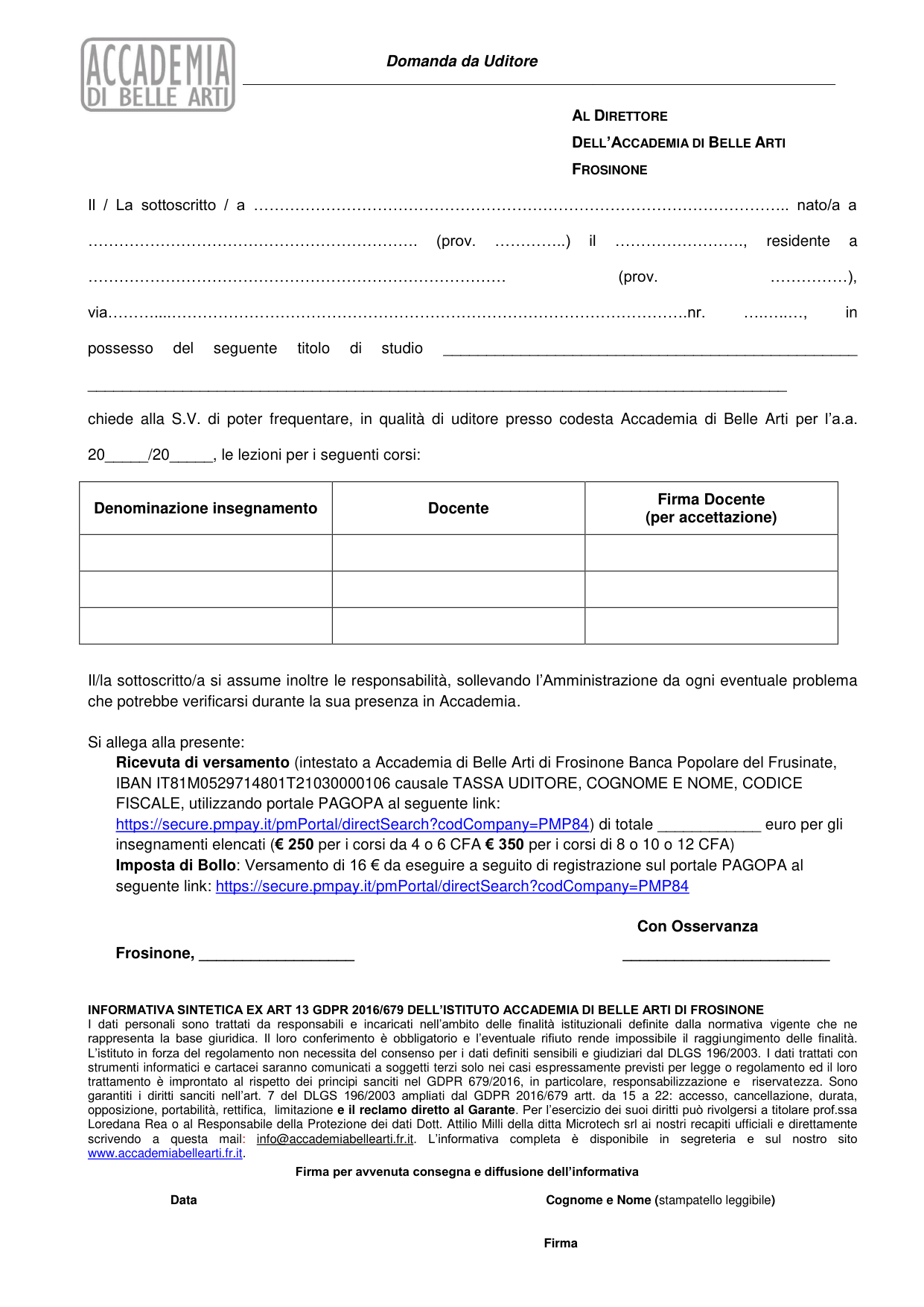 Anteprima di Domanda Da Uditore